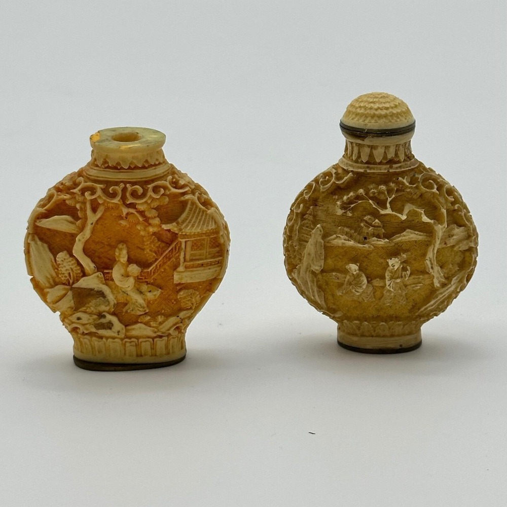 Vtg Chinese Hand Carved Snuff Bottles Set of 2 Landscape Relief Character Mark